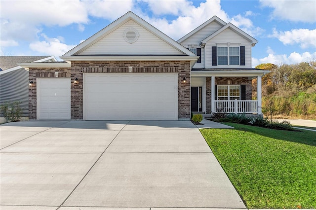 view of front of home with a porch, an attached garage, brick siding, driveway, and a front lawn