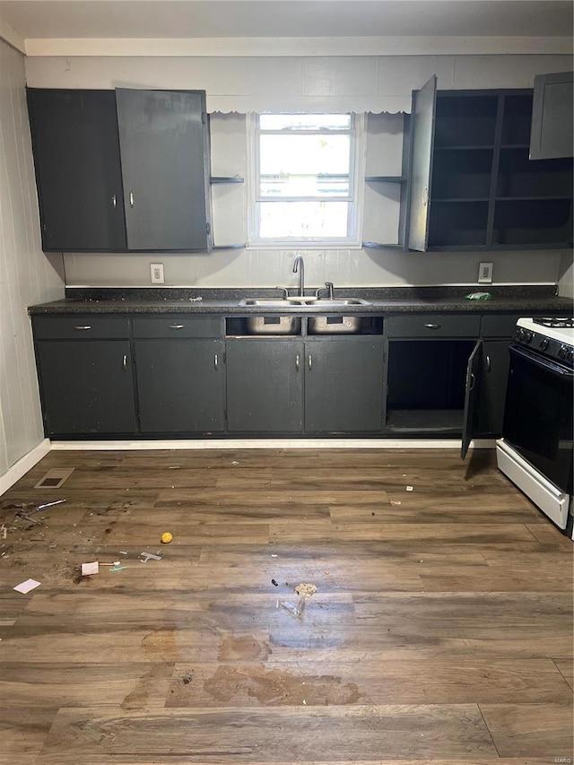 kitchen with dark wood-type flooring, white range with gas cooktop, and sink