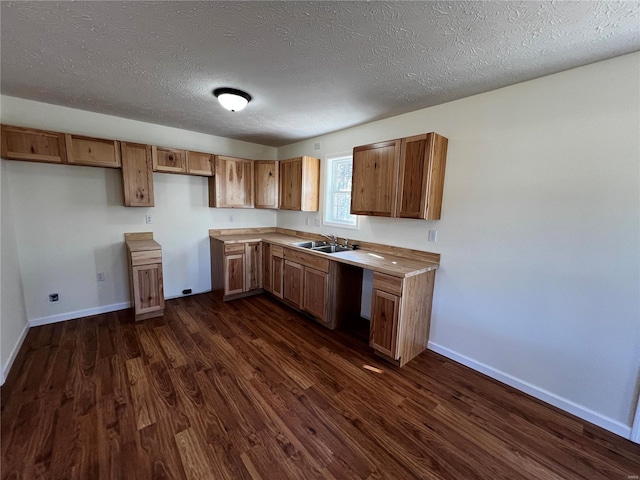 kitchen with a textured ceiling, sink, and dark hardwood / wood-style floors