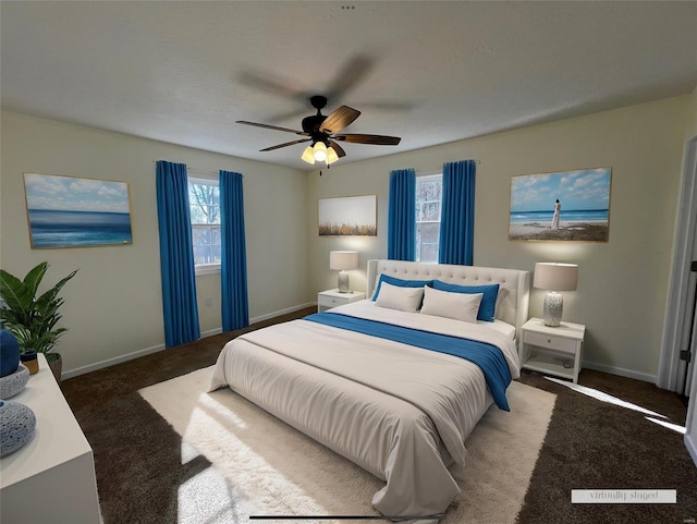 carpeted bedroom with ceiling fan