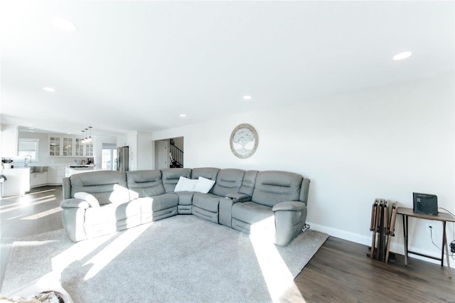 living room with dark hardwood / wood-style flooring and sink