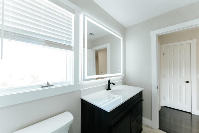 bathroom featuring vanity, toilet, and wood-type flooring