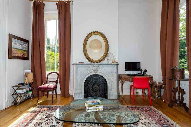 living area with hardwood / wood-style floors