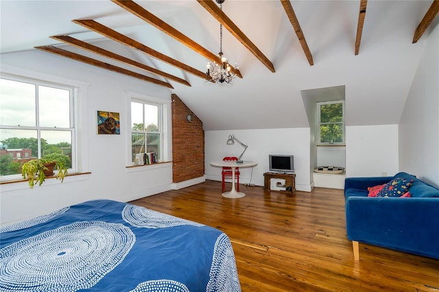 bedroom featuring hardwood / wood-style floors, vaulted ceiling with beams, and an inviting chandelier