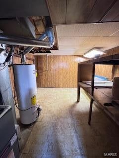 basement with wood walls and gas water heater