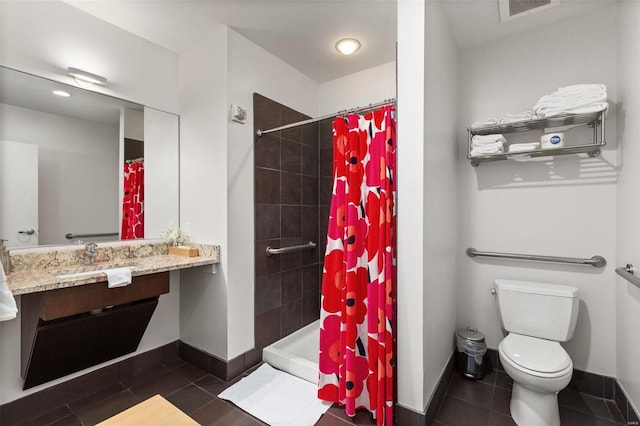 bathroom with tile patterned flooring, vanity, toilet, and walk in shower