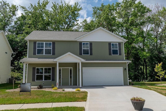 view of front of property featuring a garage, central air condition unit, and a front lawn