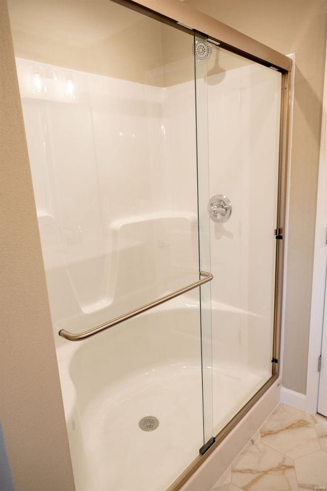 bathroom featuring a shower with shower door