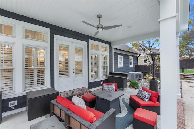 view of patio with outdoor lounge area, ceiling fan, and central AC unit