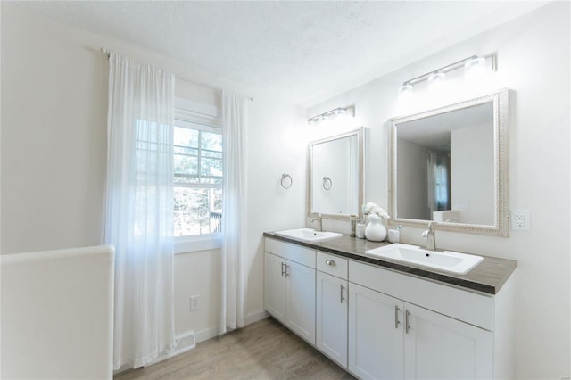 bathroom featuring vanity, wood-type flooring, and a textured ceiling