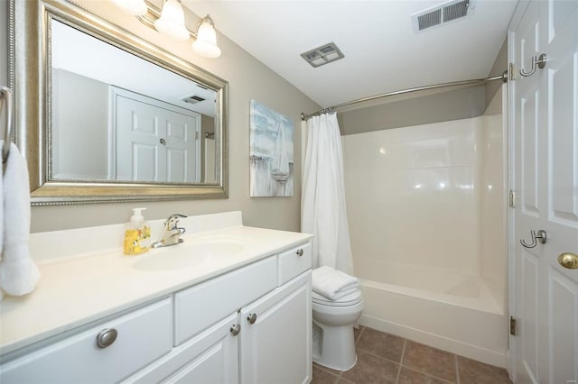 full bathroom with toilet, shower / tub combo, vanity, and tile patterned floors