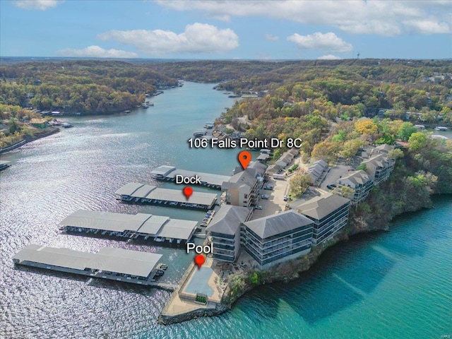 birds eye view of property featuring a water view