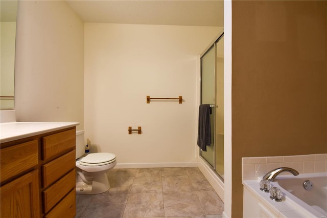 full bathroom with separate shower and tub, tile patterned flooring, vanity, and toilet