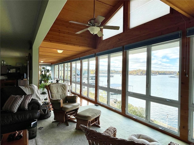 sunroom / solarium featuring a water view, ceiling fan, lofted ceiling, and wood ceiling