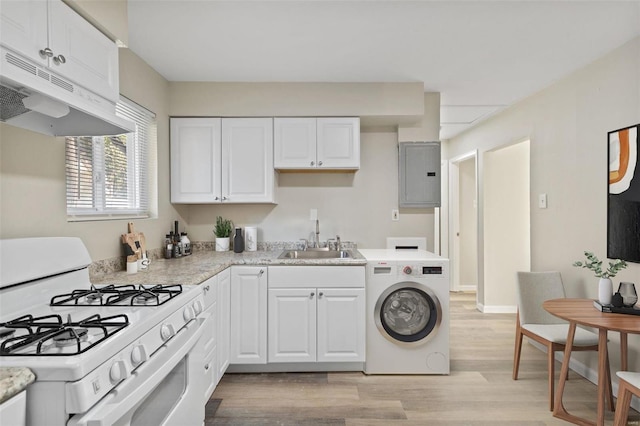 kitchen with white cabinetry, sink, washer / dryer, white gas range, and light wood-type flooring