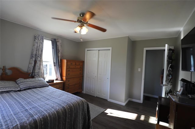 bedroom featuring ceiling fan, dark hardwood / wood-style floors, and a closet