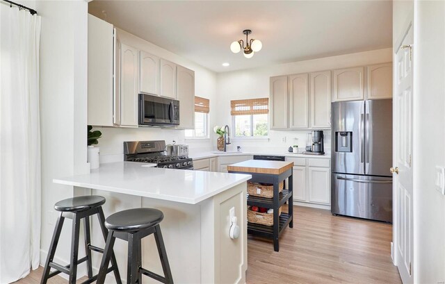 kitchen featuring sink, kitchen peninsula, appliances with stainless steel finishes, white cabinets, and light wood-type flooring