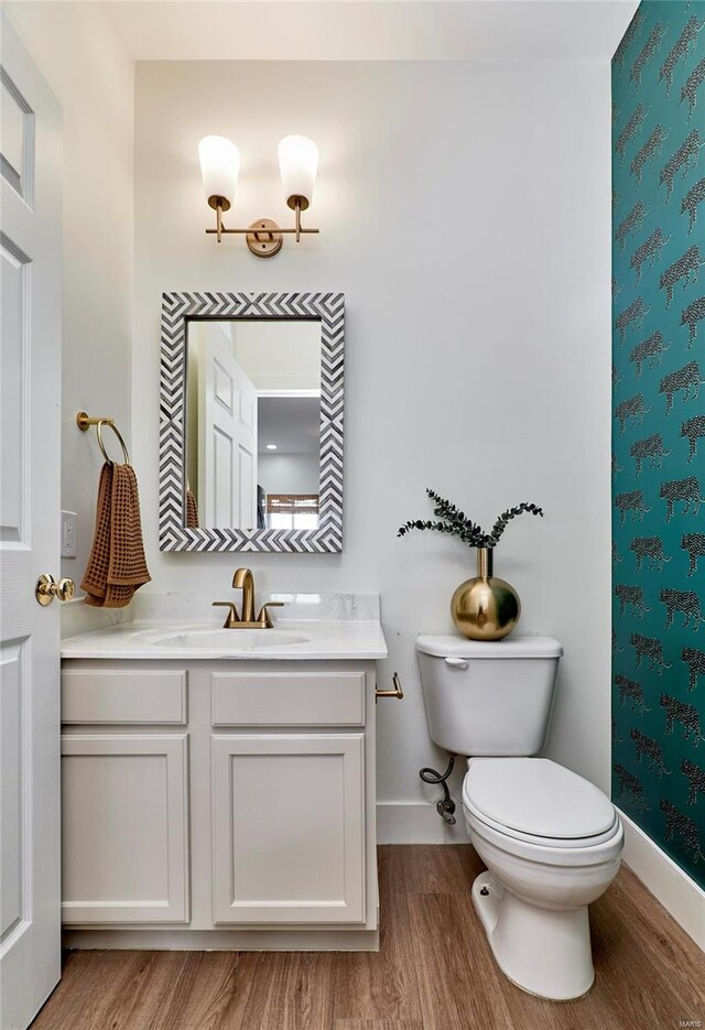 bathroom with toilet, vanity, and hardwood / wood-style flooring