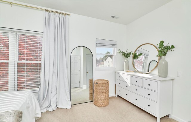 carpeted bedroom featuring multiple windows