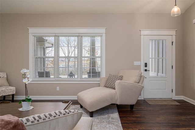 sitting room with dark wood-type flooring