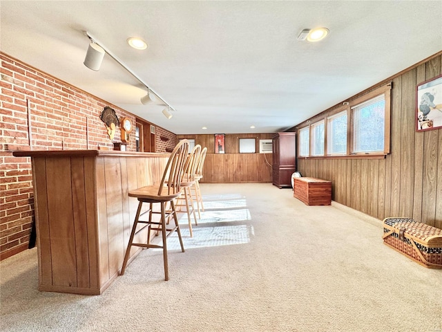 bar with light carpet, a textured ceiling, rail lighting, and wooden walls