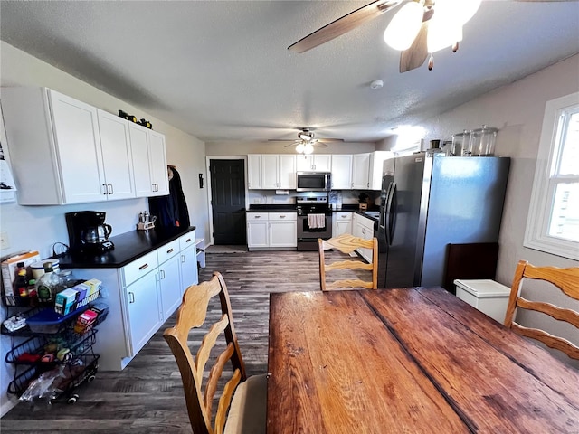 kitchen featuring ceiling fan, appliances with stainless steel finishes, white cabinetry, a textured ceiling, and dark hardwood / wood-style flooring