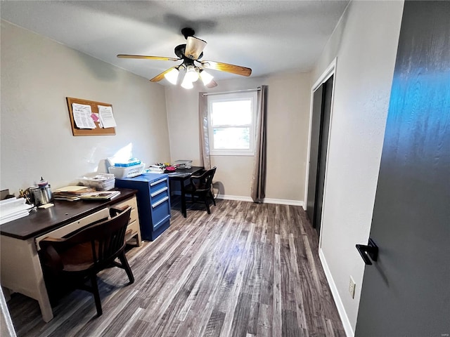 office space featuring hardwood / wood-style flooring and ceiling fan