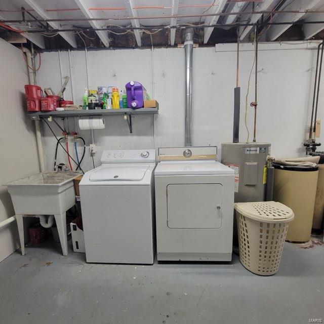 laundry room with laundry area, washer and clothes dryer, and electric water heater