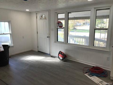 entryway featuring wood-type flooring and a textured ceiling