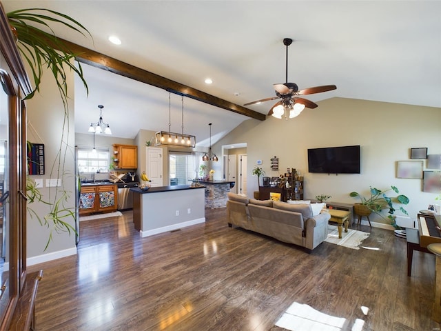 living room with ceiling fan with notable chandelier, lofted ceiling with beams, sink, and dark hardwood / wood-style flooring