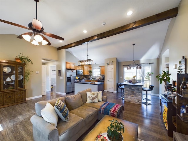 living room with lofted ceiling with beams, ceiling fan, and dark hardwood / wood-style floors