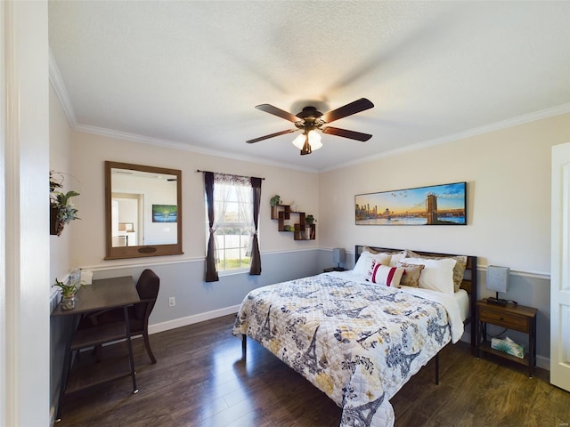 bedroom with ceiling fan, crown molding, and dark hardwood / wood-style floors