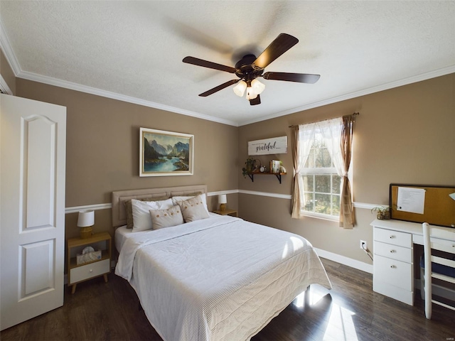 bedroom with ornamental molding, a textured ceiling, ceiling fan, and dark wood-type flooring