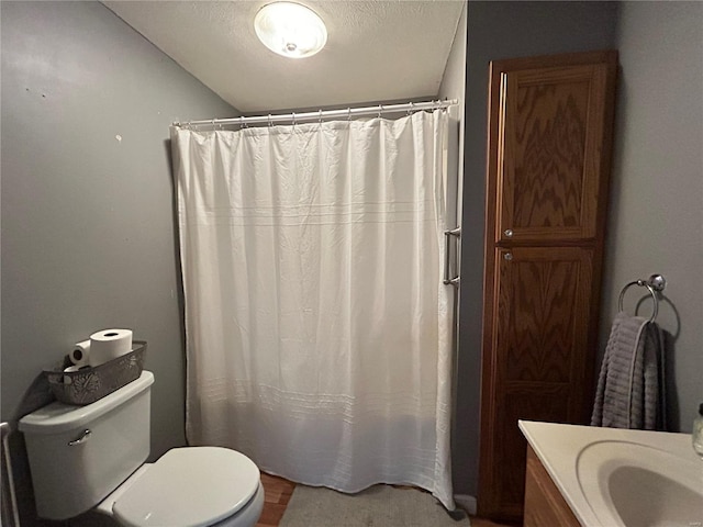 bathroom featuring vanity, a textured ceiling, toilet, and curtained shower