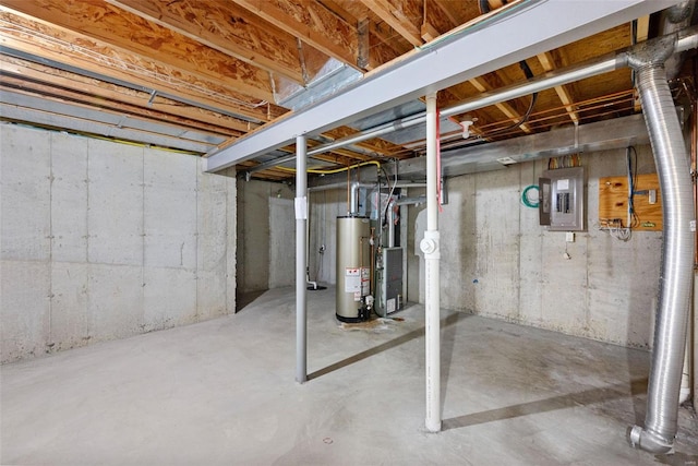 basement with gas water heater and electric panel