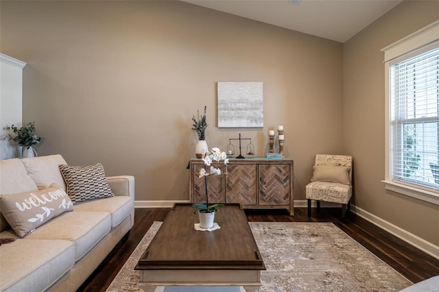 living room with dark wood-type flooring and vaulted ceiling