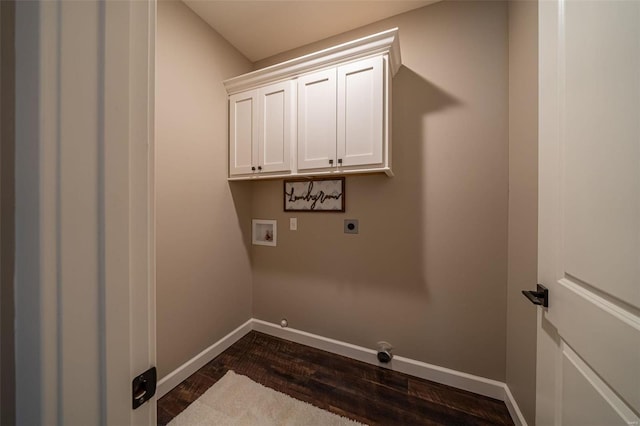 laundry room with hookup for an electric dryer, dark hardwood / wood-style flooring, cabinets, and hookup for a washing machine