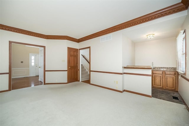 spare room featuring sink, crown molding, and carpet flooring