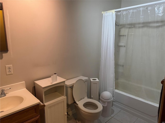 full bathroom featuring toilet, vanity, shower / bath combination with curtain, and tile patterned floors