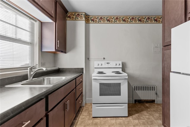 kitchen featuring radiator heating unit, white appliances, dark brown cabinetry, and sink