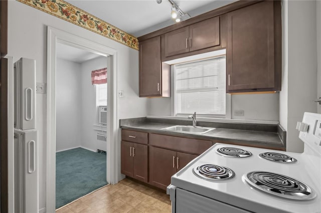 kitchen with electric range oven, dark brown cabinetry, sink, and radiator