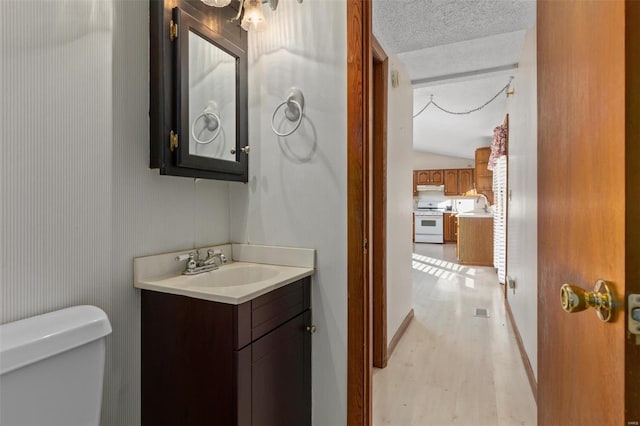 bathroom with wood-type flooring, toilet, vaulted ceiling, a textured ceiling, and vanity