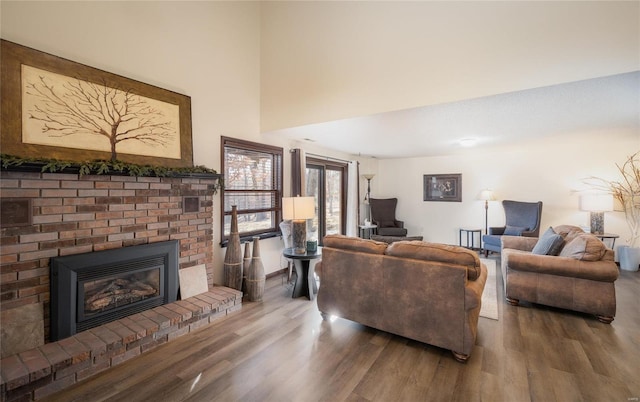 living room featuring wood-type flooring and a fireplace