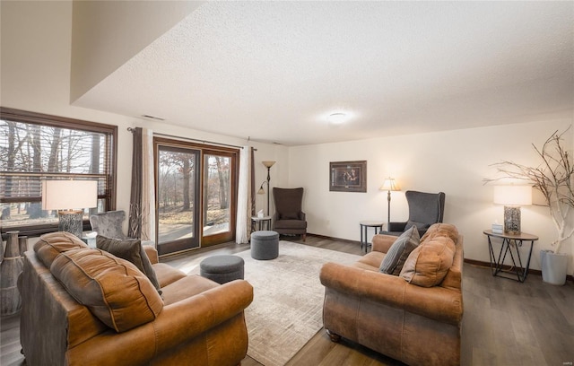 living room with hardwood / wood-style flooring and a textured ceiling