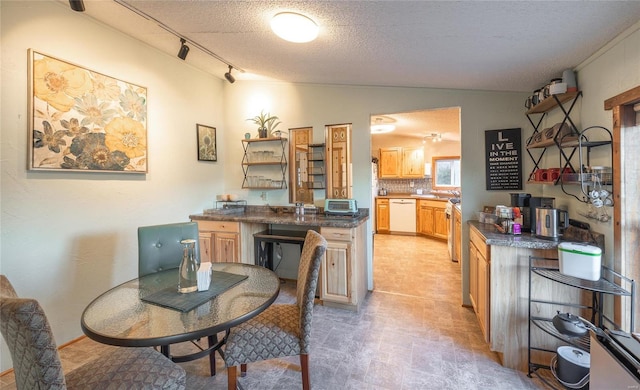 dining space featuring vaulted ceiling and a textured ceiling