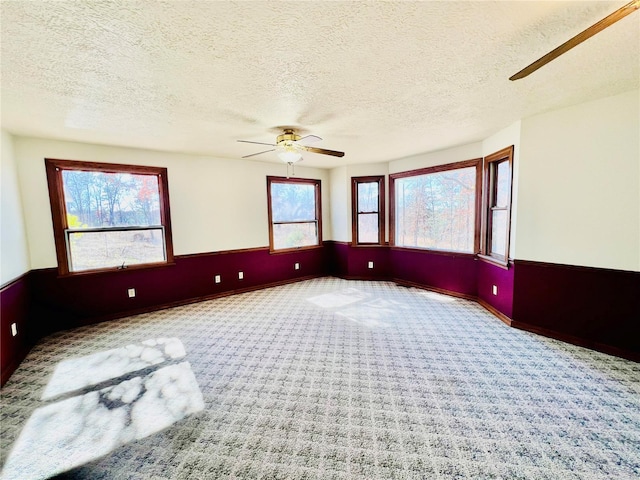 carpeted spare room featuring ceiling fan, a healthy amount of sunlight, and a textured ceiling