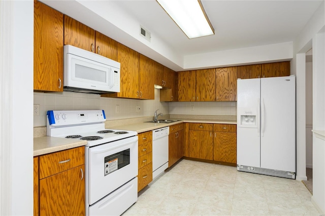 kitchen featuring backsplash, white appliances, and sink