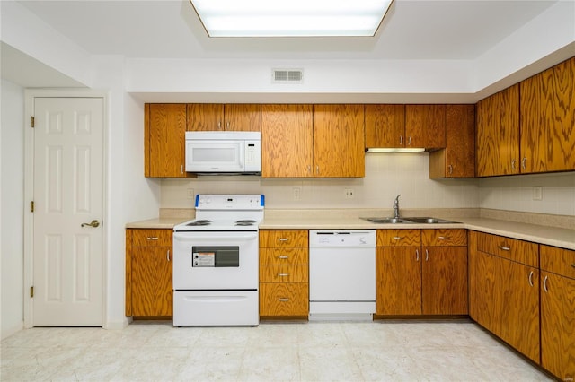 kitchen with backsplash, sink, and white appliances