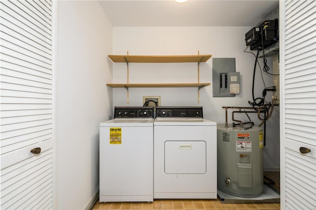 laundry room with washing machine and dryer, electric water heater, and electric panel