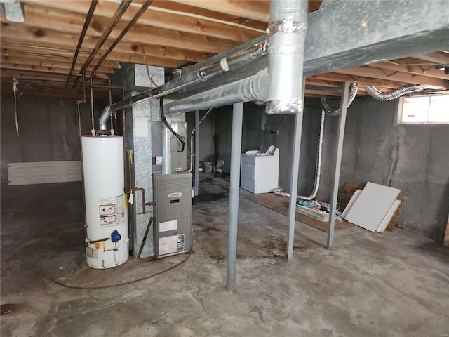 basement featuring heating unit and gas water heater